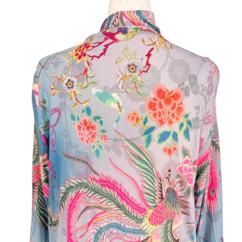 Johnny Was Women M Phoenix Floral Pima Cotton Modal Robe Kimono Blue Pockets